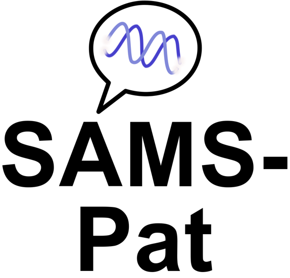Das Logo von SAMS-Pat mit einem fetten, schwarzen Schriftzug. Darüber eine Sprechblase in der sich eine blaue DNA-Doppelhelix befindet