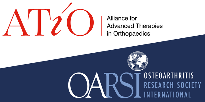 Picture containing the logos of ATíO - Alliance for Advanced Therapies in Orthopaedics and OARSI - Osteoarthritis Research Society International