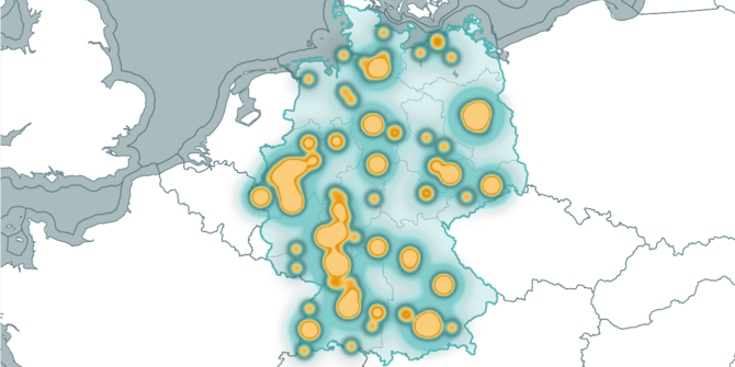 Deutschlandkarte mit farblich hervorgehobenen Regionen, in denen sich Einrichtungen für Gen- und Zelltherapien befinden.