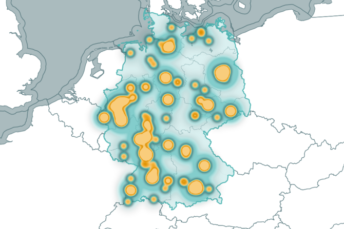 Deutschlandkarte mit farblich hervorgehobenen Regionen, in denen sich Einrichtungen für Gen- und Zelltherapien befinden.
