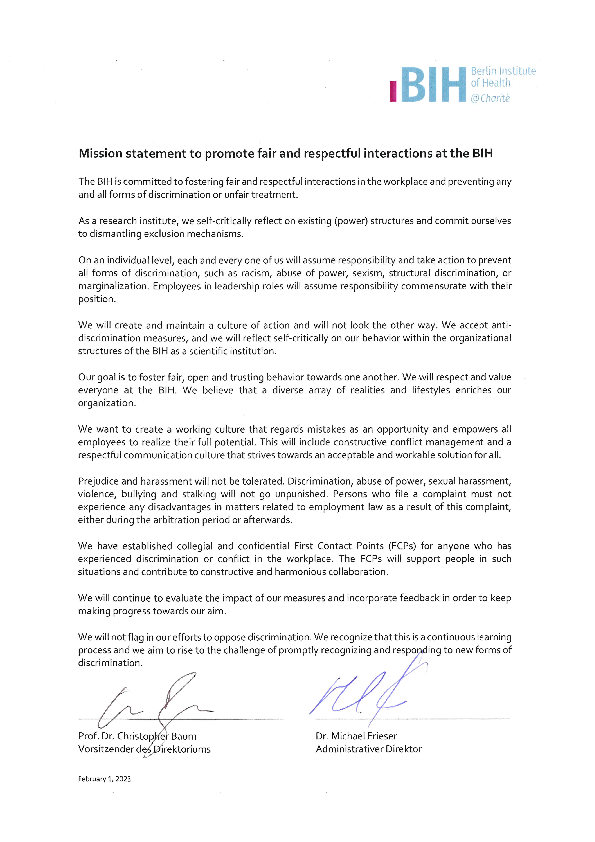 The image shows the PDF text document of the Mission Statement: The logo of the Berlin Institute of Health is shown in pink and grey on the top right. Several paragraphs of text with 2 signatures at the end of the page.