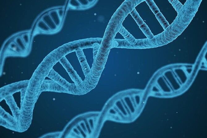 Drei hellblau dargestellte DNA-Stränge auf dunkelblauem Hintergrund