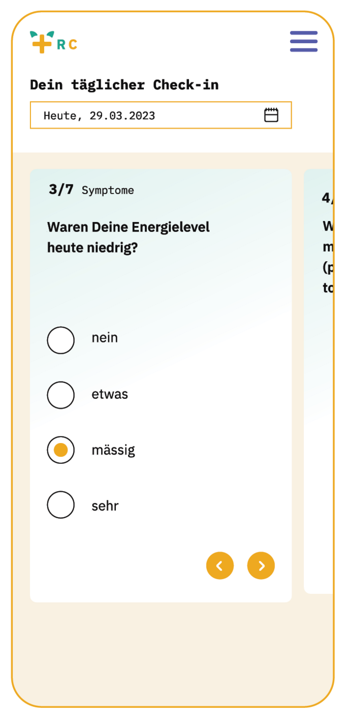 Recovery Cat Screenshot: Täglicher Check-in. War dein Energielevel heute niedrig? Nein, etwas, mäßig, sehr.