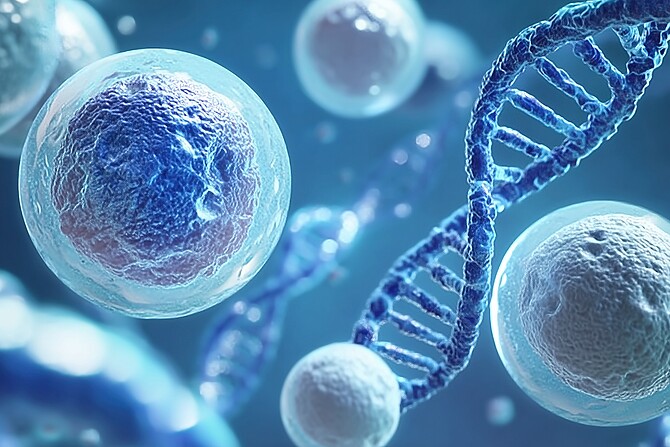 Abstrakte 3D-Darstellung menschlicher Zellen und der DNA-Doppelhelix. Die hellblau eingefärbten Zellen umgeben eine dunkelblau dargestellte Doppelhelixstruktur. 