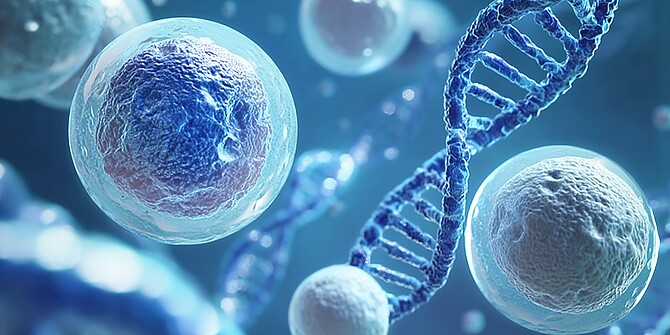 Abstrakte 3D-Darstellung menschlicher Zellen und der DNA-Doppelhelix. Die hellblau eingefärbten Zellen umgeben eine dunkelblau dargestellte Doppelhelixstruktur. 