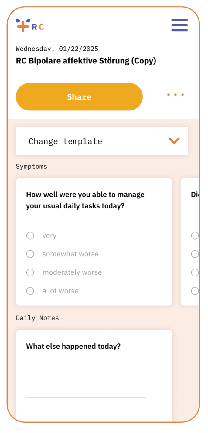 Recovery Cat Screen: Bipolare Affektive Störung, Templates, How well were you able to managae your usual daily tasks today? What else happended today?
