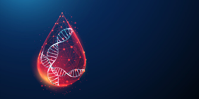 Abstrakte DNA-Molekülhelix in einem roten Blutstropfen