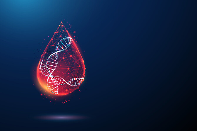 Abstrakte DNA-Molekülhelix in einem roten Blutstropfen