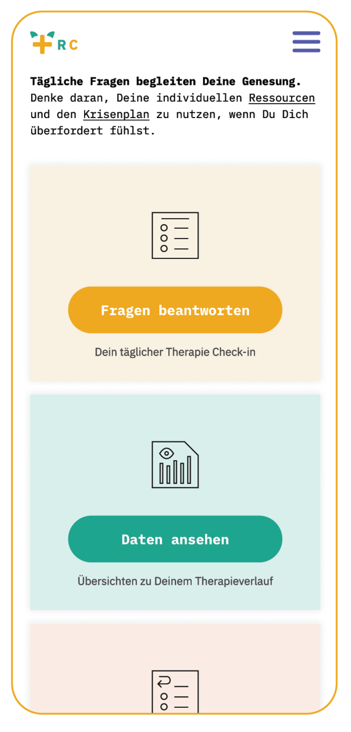 Recovery Cat Screenshot: Tägliche Fragen zur Genesung, Ressourcen und Krisenplan. Fragen beantworten. Daten ansehen.